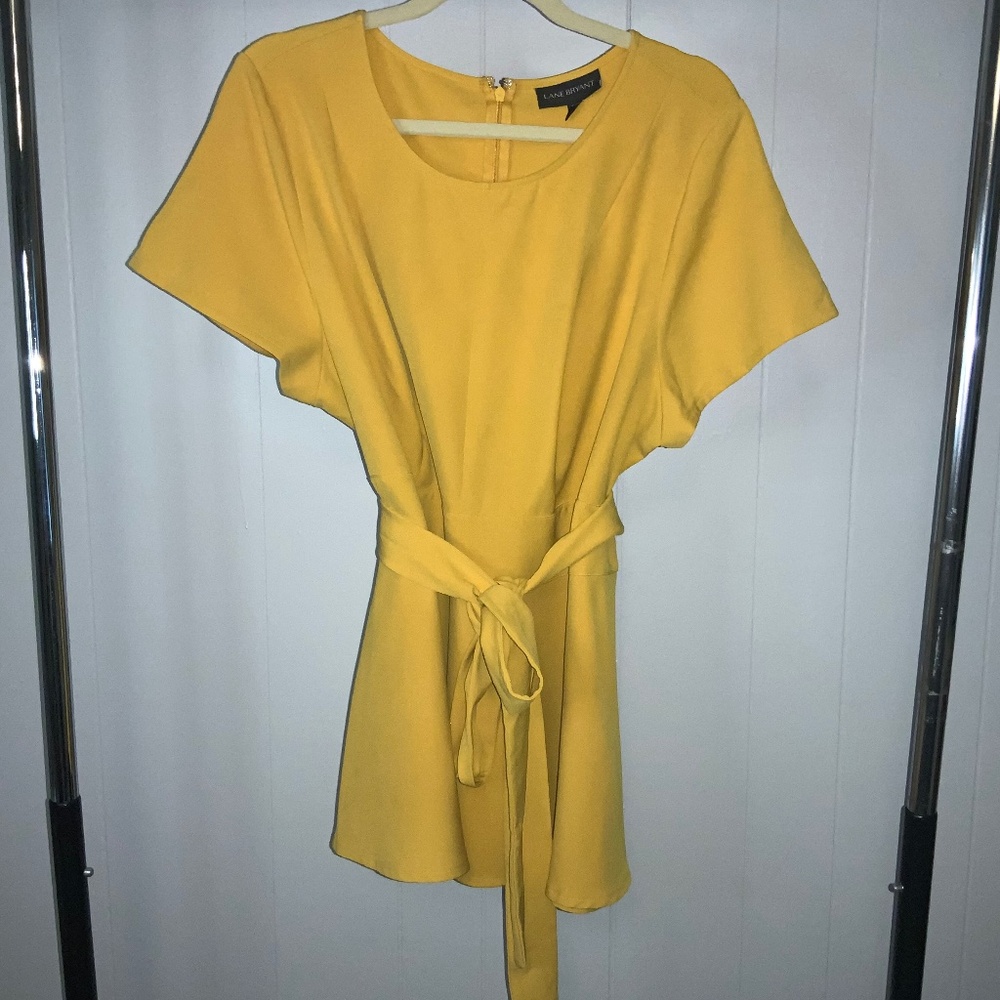 Lane Bryant Lena golden yellow flutter sleeve peplum top Sz 16 self tie waist - Picture 2 of 8
